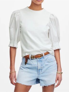 the Madewell Puff-Sleeve Knit Top in white (Style NV971
